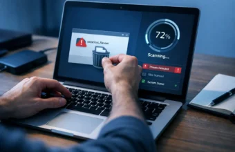 Person checking a suspicious Blogspot link on a computer