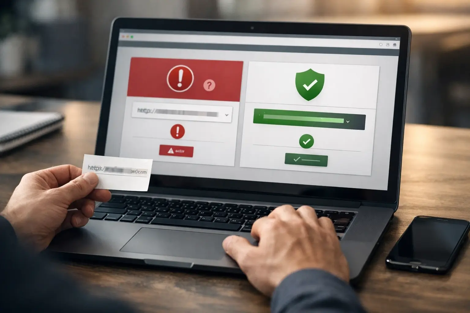 Laptop screen showing a URL scan process for a blog link