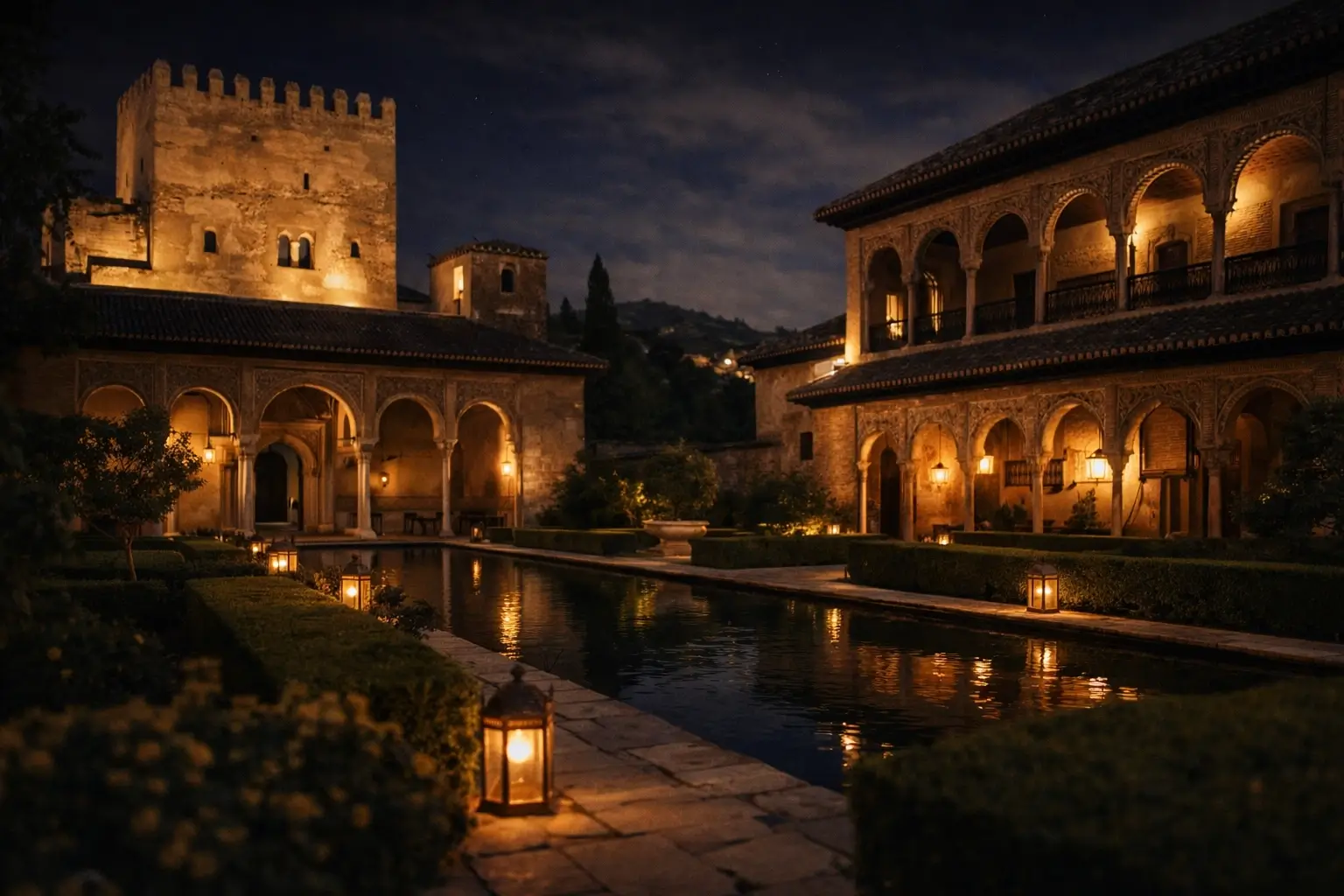 Generalife gardens at night with soft lights