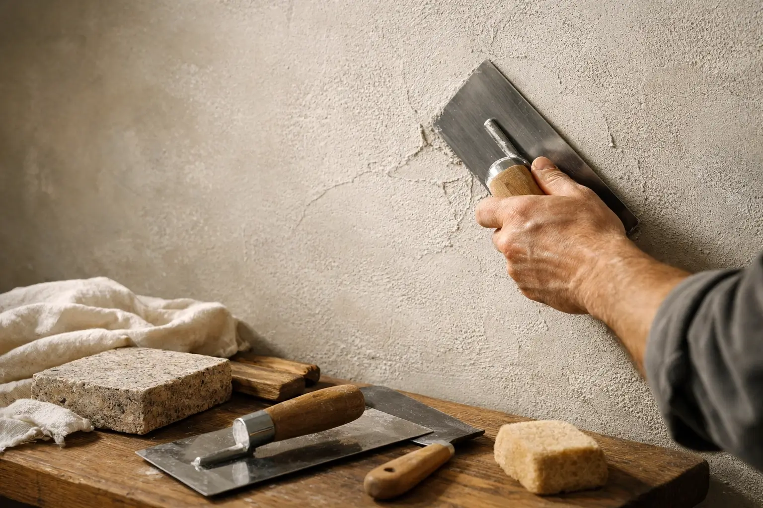 Artisan applying lime plaster on a textured wall
