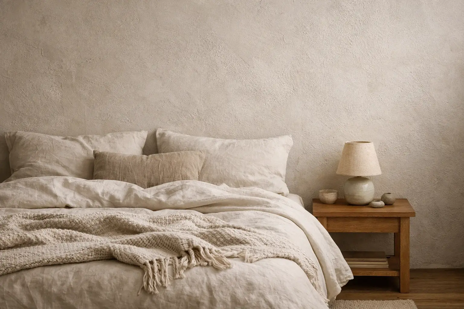 Calm bedroom with textured wall and linen bedding