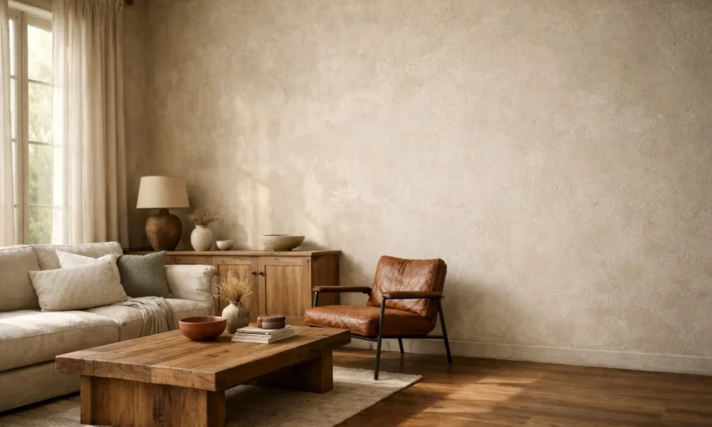 Gessolini style living room with textured wall and wood furniture