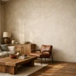 Gessolini style living room with textured wall and wood furniture
