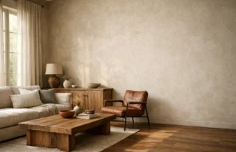 Gessolini style living room with textured wall and wood furniture