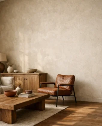 Gessolini style living room with textured wall and wood furniture