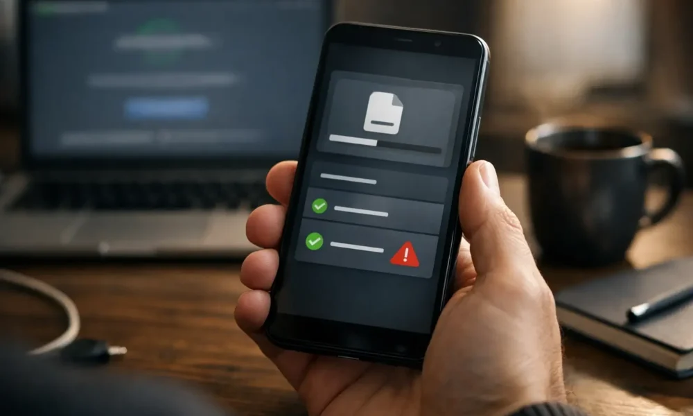 Android phone showing an app download on a desk