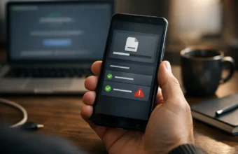 Android phone showing an app download on a desk