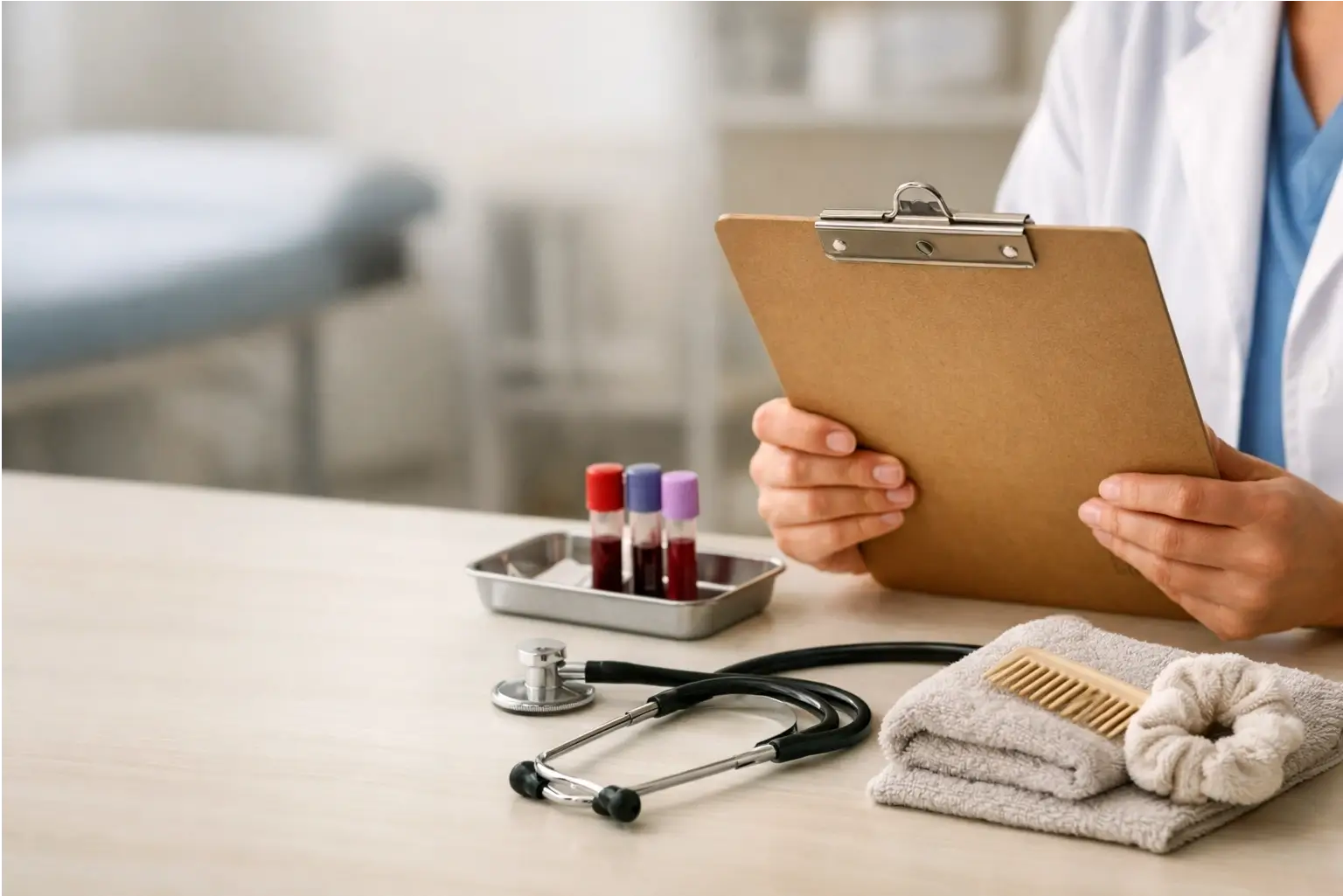 Clinic desk with blood tubes and hair care tools