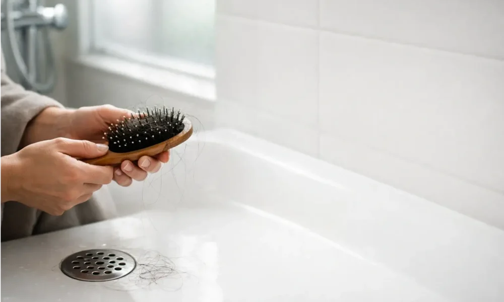 Hair in a brush and near a shower drain