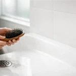 Hair in a brush and near a shower drain
