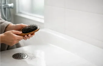 Hair in a brush and near a shower drain