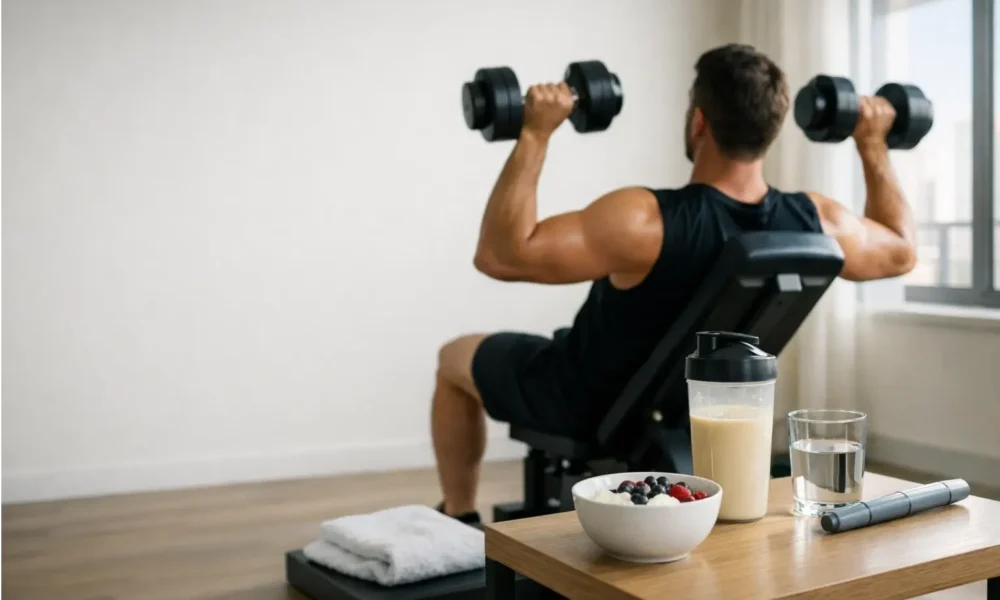 Person lifting dumbbells next to a protein shake and water.