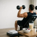 Person lifting dumbbells next to a protein shake and water.
