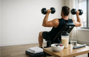 Person lifting dumbbells next to a protein shake and water.