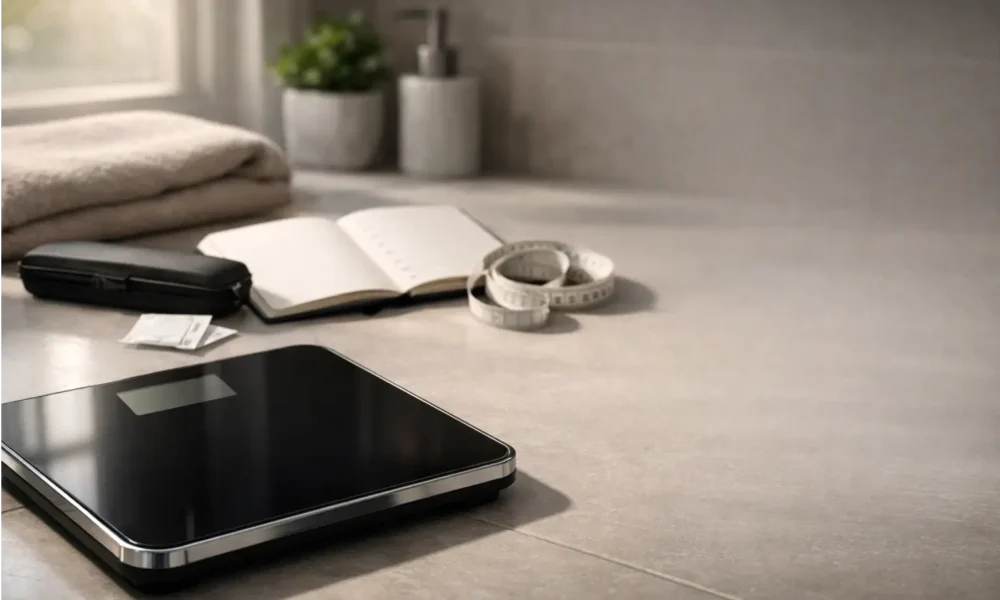 Bathroom scale with a notebook and tape measure during a GLP-1 weight loss plateau