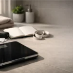 Bathroom scale with a notebook and tape measure during a GLP-1 weight loss plateau