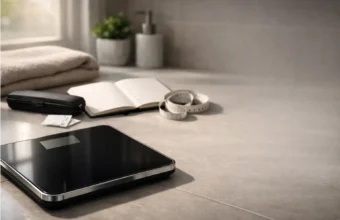 Bathroom scale with a notebook and tape measure during a GLP-1 weight loss plateau