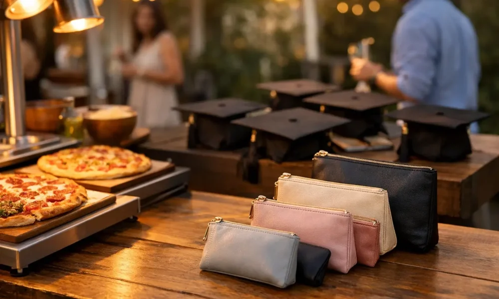 Graduation party table with pizza station and zipper pouches