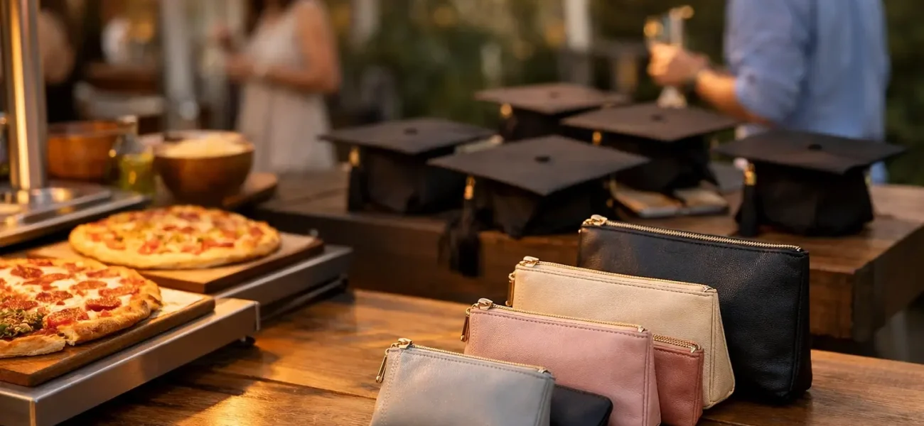 Graduation party table with pizza station and zipper pouches