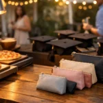 Graduation party table with pizza station and zipper pouches