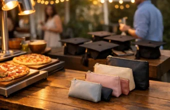 Graduation party table with pizza station and zipper pouches