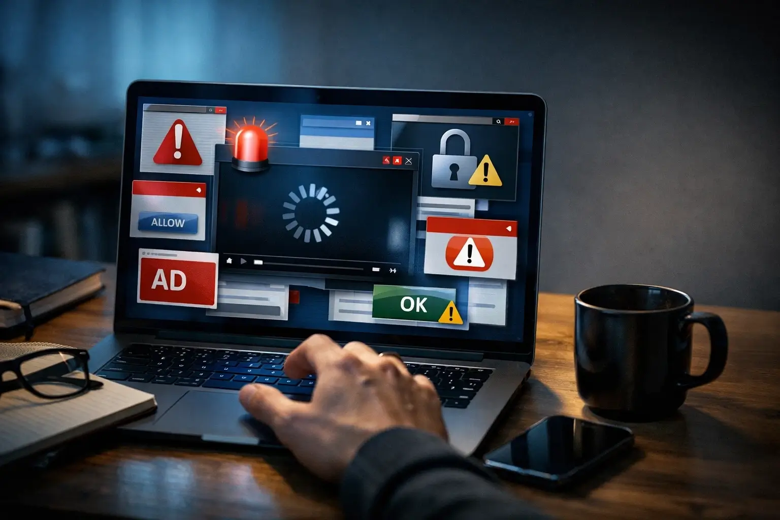 Laptop with pop-up ads on a movie streaming site