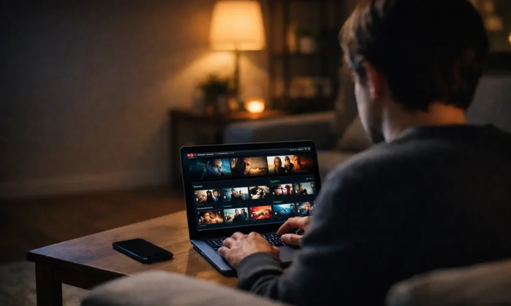 Laptop showing a free streaming website in a dark room