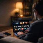 Laptop showing a free streaming website in a dark room