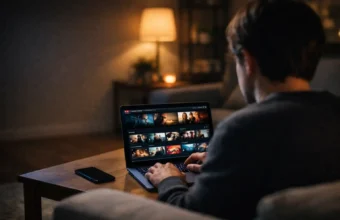 Laptop showing a free streaming website in a dark room