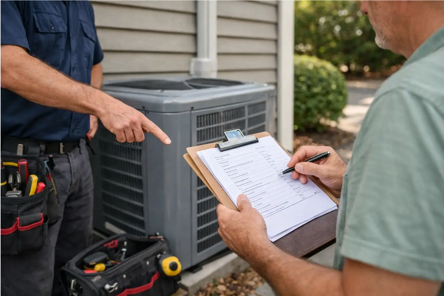 Contractor and homeowner checking a new heat pump installation