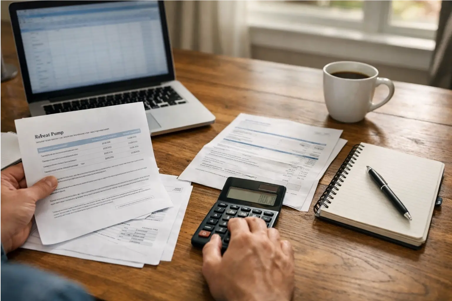 Desk with heat pump rebate papers, calculator, and laptop