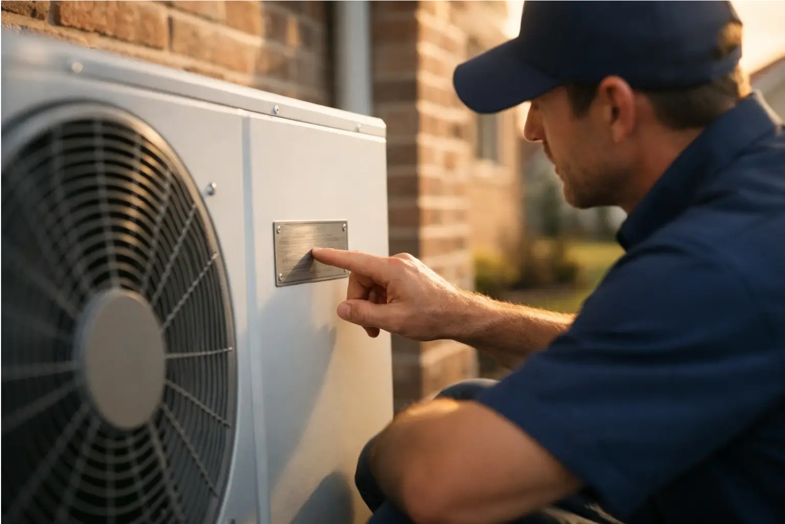 HVAC technician pointing to the nameplate on a heat pump unit to find the QMID number