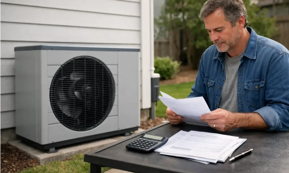 Homeowner standing near a heat pump outside a modern house