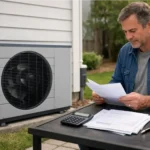 Homeowner standing near a heat pump outside a modern house