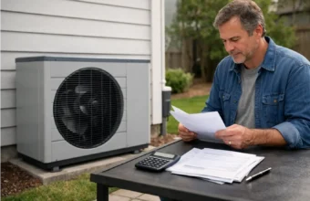 Homeowner standing near a heat pump outside a modern house