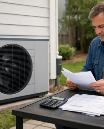 Homeowner standing near a heat pump outside a modern house