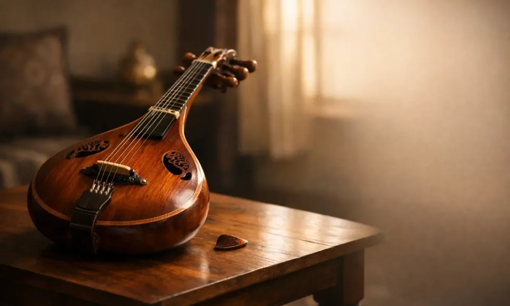 Wooden hitaar instrument placed on a table in warm light
