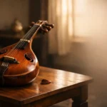 Wooden hitaar instrument placed on a table in warm light