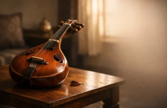 Wooden hitaar instrument placed on a table in warm light