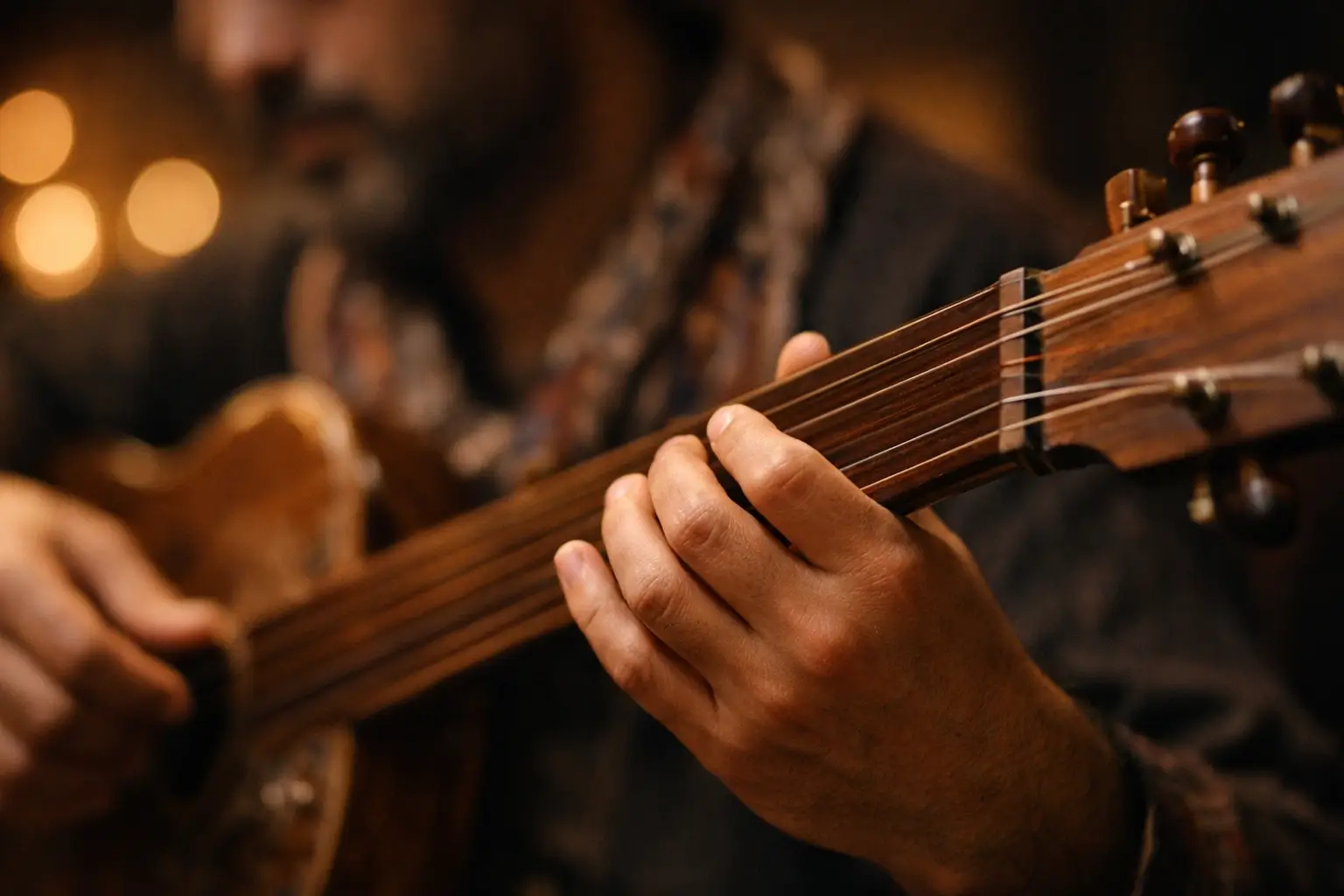 Musician hands playing a hitaar-style string instrument