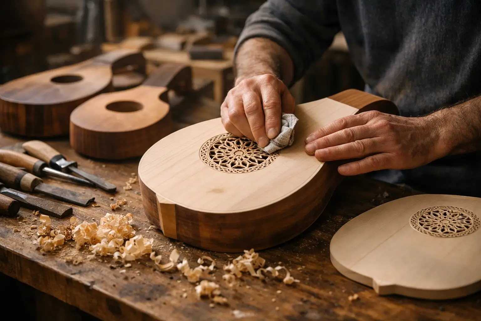 Artisan making a wooden hitaar-style instrument in a workshop