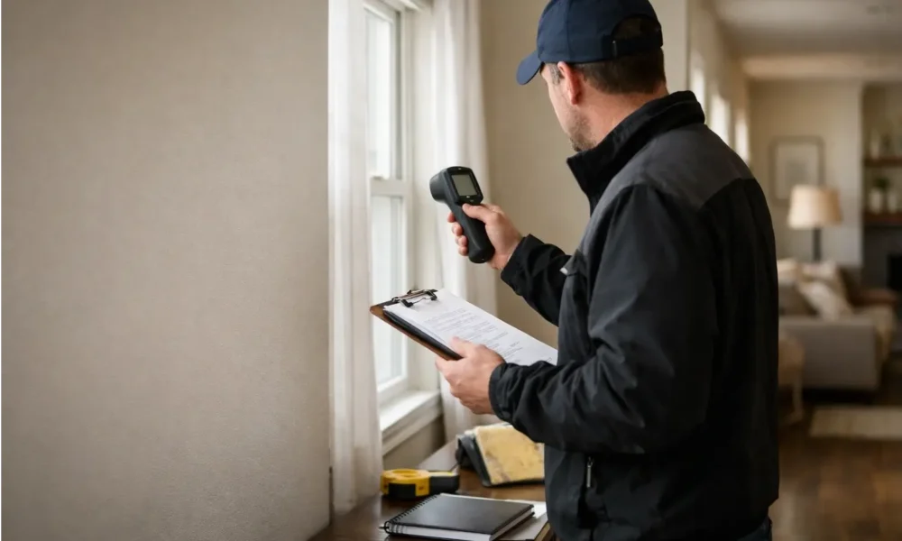 Energy auditor checking a home for heat loss