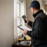 Energy auditor checking a home for heat loss