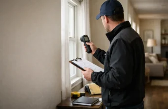 Energy auditor checking a home for heat loss