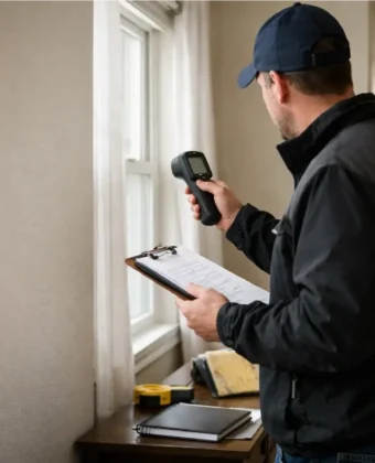 Energy auditor checking a home for heat loss