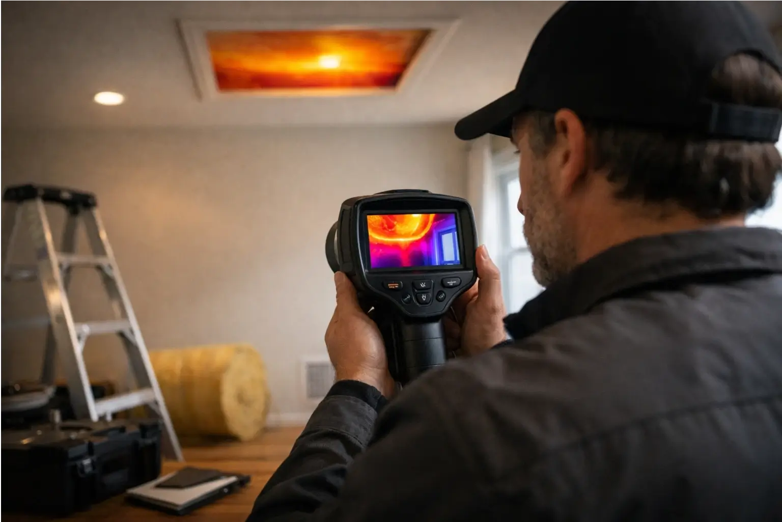 Thermal camera checking heat loss in a home