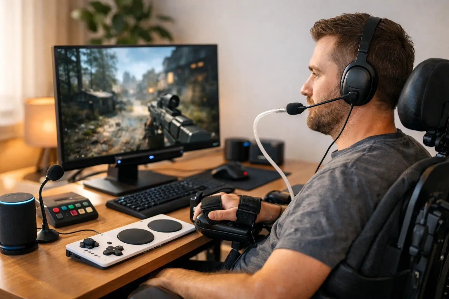 Gamer using adaptive controls and eye-tracking at home