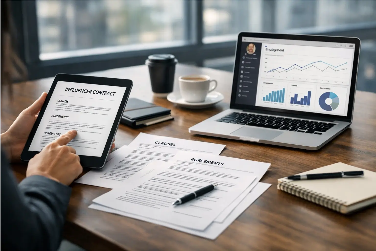 Business team checking influencer sponsorship agreement