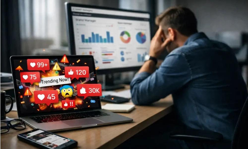 Brand manager reacting to viral influencer scandal on social media