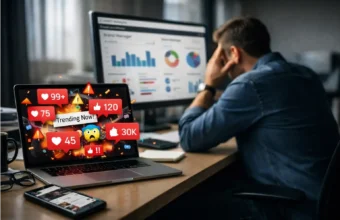 Brand manager reacting to viral influencer scandal on social media